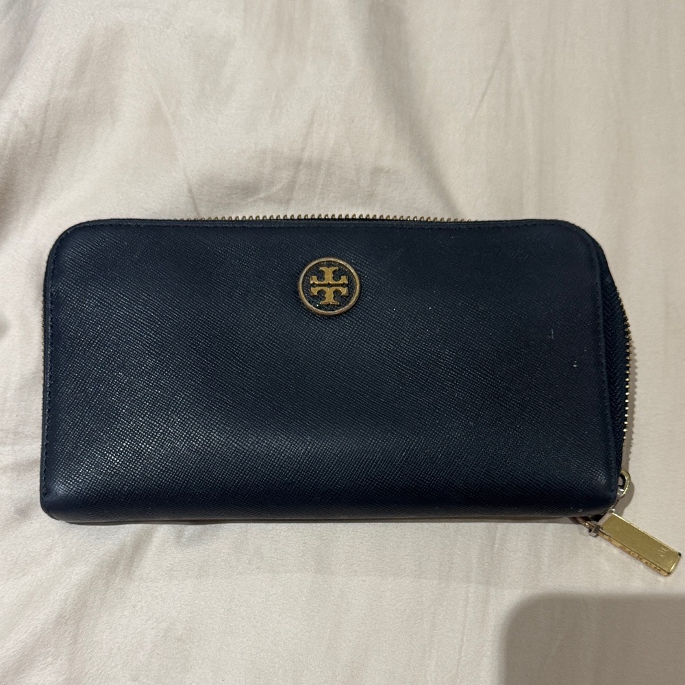 Tory Burch Black Zip Wallet with Gold Accents